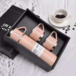 Set Termo Vaso Térmico Acero Inox 500Ml + 3 Tazas Rosado